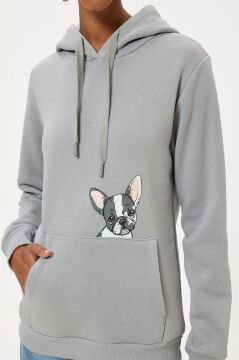 Koton Oversize Kapüşonlu Sweatshirt Kanguru Cep Detaylı Köpek Baskılı Şardonlu