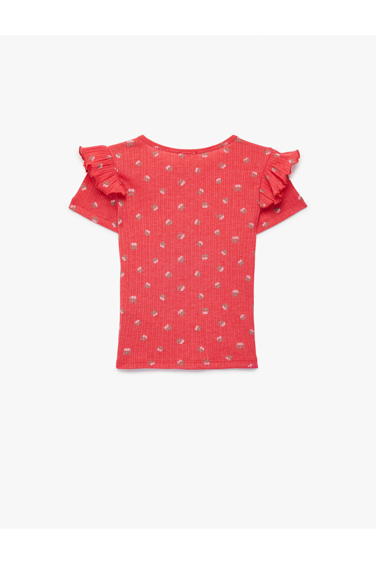 Koton Kız Çocuk Slim Fit Kısa Kollu Bisiklet Yaka Kiraz Baskılı Fırfır Detaylı Tişört
