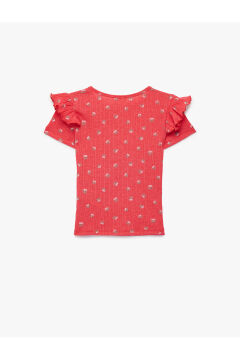 Koton Kız Çocuk Slim Fit Kısa Kollu Bisiklet Yaka Kiraz Baskılı Fırfır Detaylı Tişört