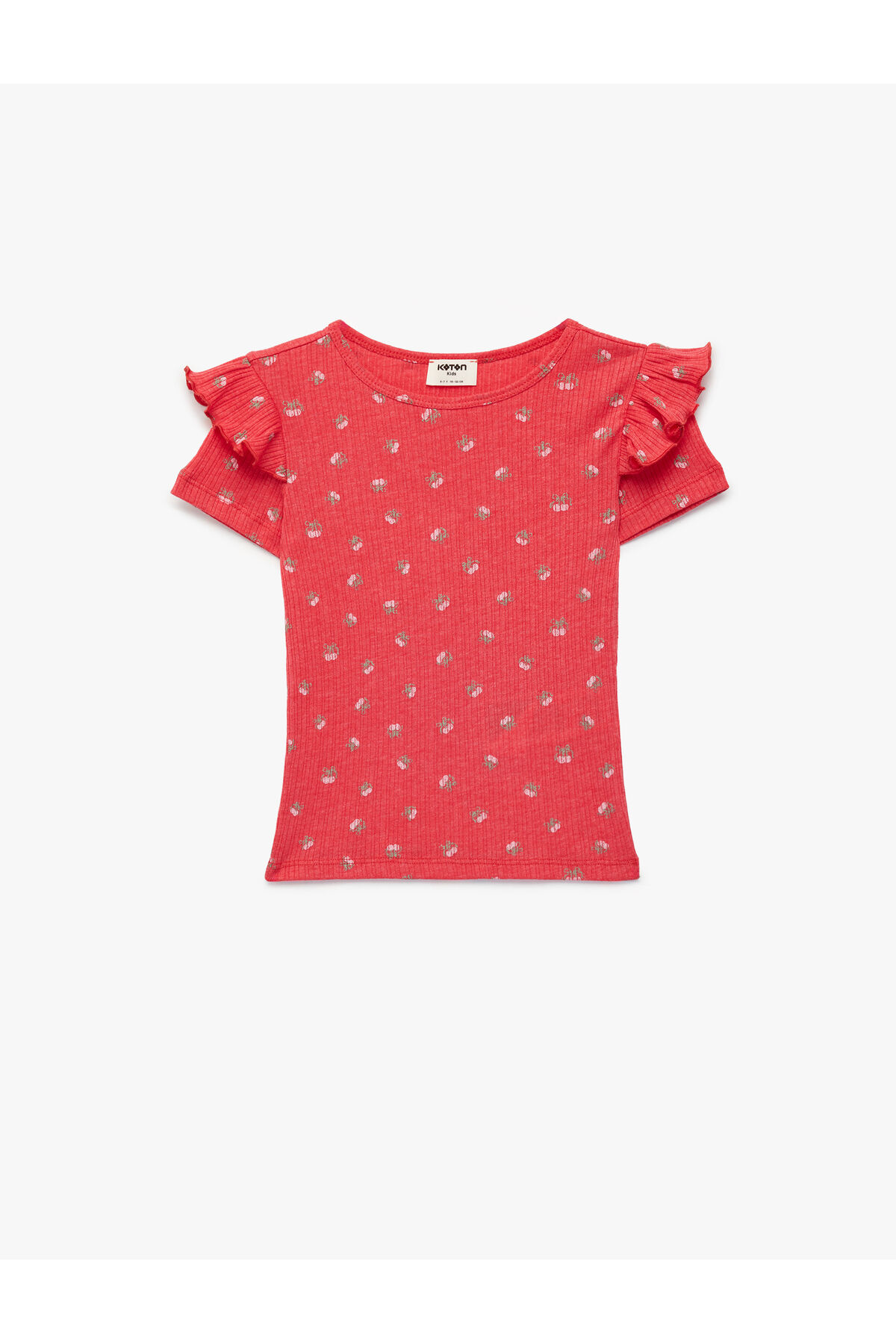 Koton Kız Çocuk Slim Fit Kısa Kollu Bisiklet Yaka Kiraz Baskılı Fırfır Detaylı Tişört