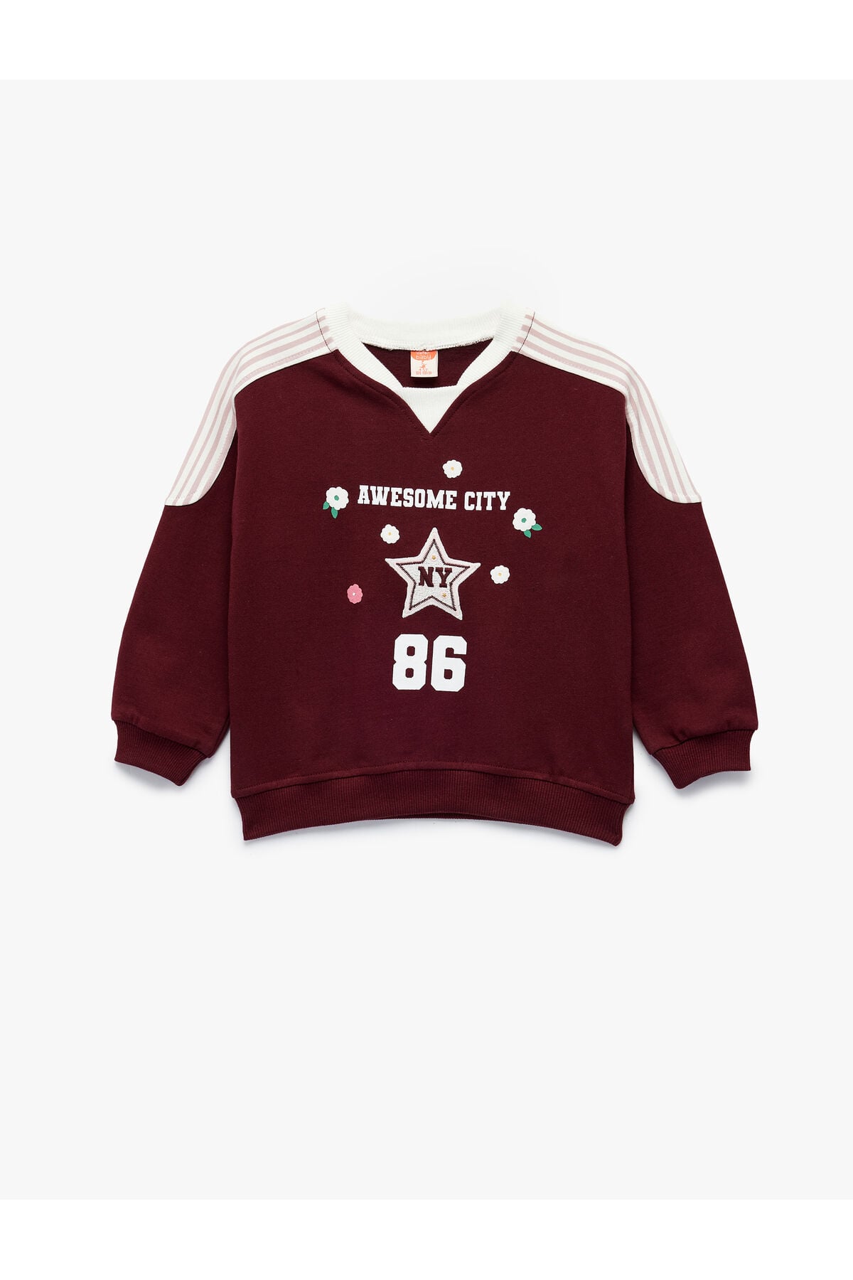 Koton Kız Bebek Şardonlu Pamuklu Uzun Kollu Renk Kontrastlı V Yaka Baskılı Sweatshirt