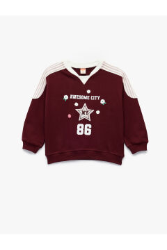 Koton Kız Bebek Şardonlu Pamuklu Uzun Kollu Renk Kontrastlı V Yaka Baskılı Sweatshirt