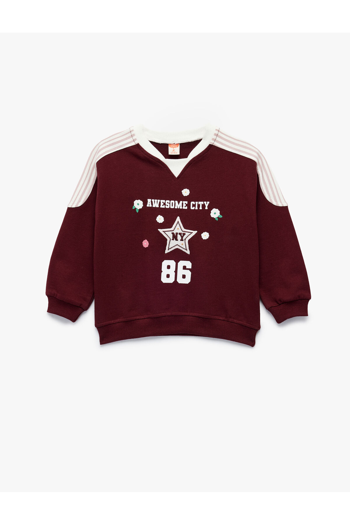 Koton Kız Bebek Şardonlu Pamuklu Uzun Kollu Renk Kontrastlı V Yaka Baskılı Sweatshirt