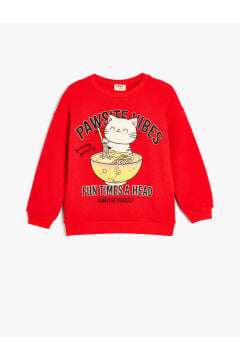Koton Kız Çocuk Sweatshirt Bisiklet Yaka Kedi Baskılı