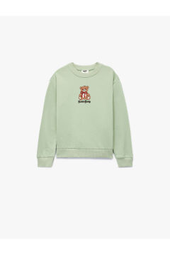 Koton Kız Çocuk Uzun Kollu Bisiklet Yaka Ayıcık Nakışlı Pamuklu Şardonlu Sweatshirt