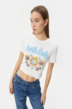 Koton Basklı Krop Tişört Slim Fit Kısa Kollu Bisiklet Yaka Pamuklu