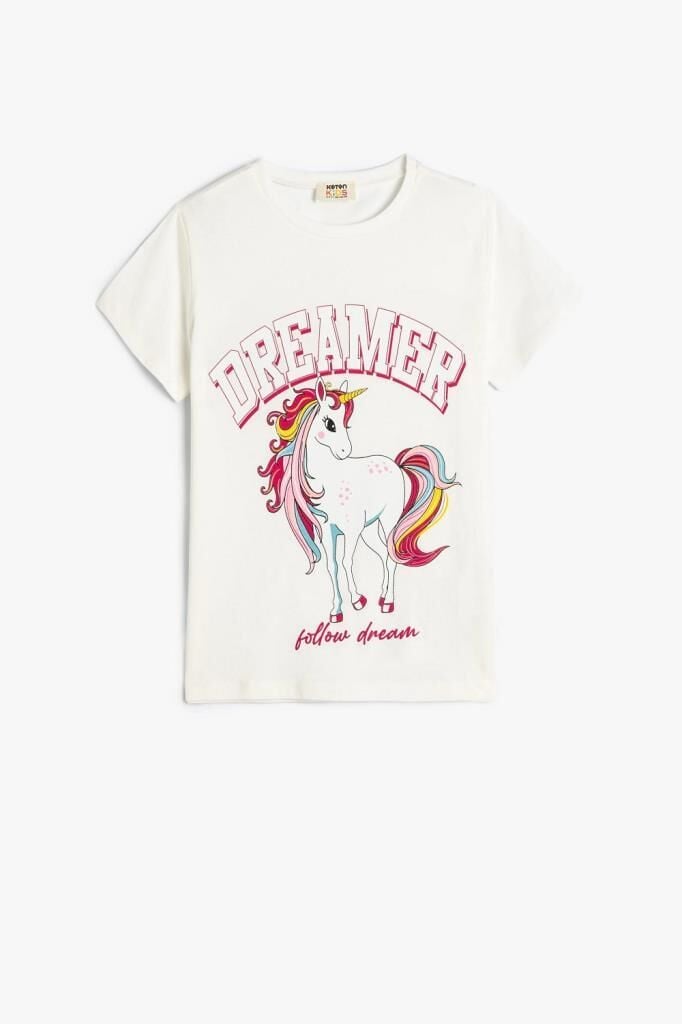 Koton Kız Çocuk Unicorn Tişört Kısa Kollu Bisiklet Yaka Pamuklu