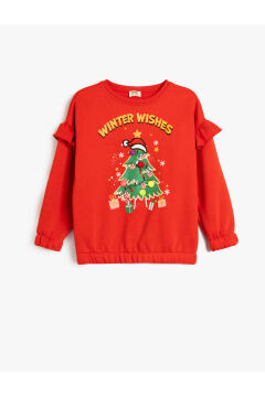 Koton Kız Çocuk Yılbaşı Ağacı Baskılı Fırfırlı Sweat Ponpon Detaylı
