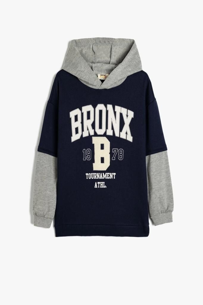Koton Erkek Çocuk Kapşonlu Sweatshirt Renk Bloklu Brooklyn Baskılı Uzun Kollu Şardonlu
