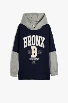 Koton Erkek Çocuk Kapşonlu Sweatshirt Renk Bloklu Brooklyn Baskılı Uzun Kollu Şardonlu