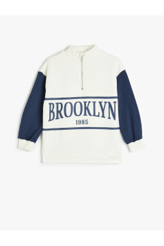 Koton Kız Çocuk Sweatshirt Dik Yaka Yarım Fermuarlı Şehir Baskılı Uzun Kollu