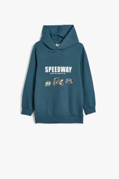 Koton Erkek Çocuk Kapşonlu Sweatshirt Motosiklet Baskılı Uzun Kollu
