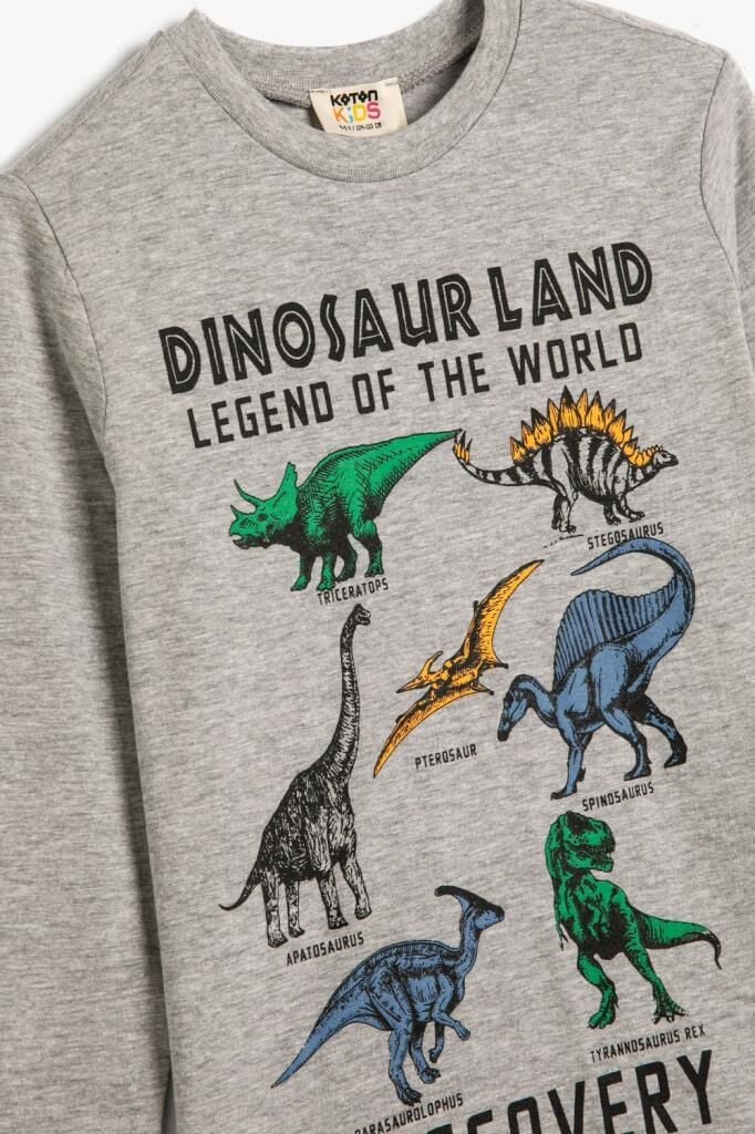 Koton Erkek Çocuk Dinozorlu Tişört Uzun Kollu Bisiklet Yaka Pamuklu