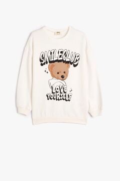 Koton Kız Çocuk Ayıcık Baskılı Sweatshirt Uzun Kollu Bisiklet Yaka Şardonlu