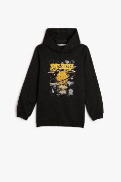 Koton Erkek Çocuk Kapşonlu Sweatshirt Uzun Kollu Şardonlu Uzay Temalı Baskılı