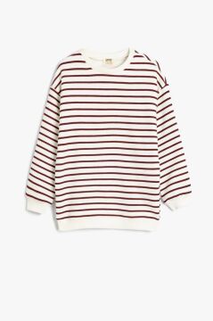 Koton Kız Çocuk Basic Çizgili Sweatshirt Uzun Kollu Bisiklet Yaka Pamuklu