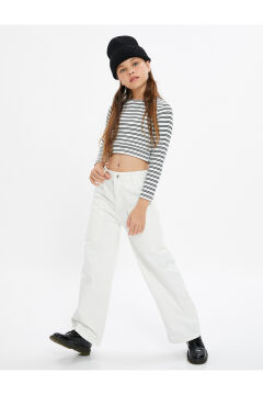 Koton Kız Çocuk Bol Paça Kot Pantolon Önde Cep Detaylı Pamuklu - Crop Wide Leg Jean