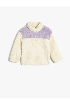 Koton Kız Bebek Peluş Sweatshirt Dik Yaka Uzun Kollu Yarım Fermuarlı