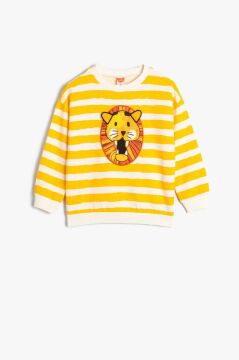 Koton Erkek Bebek Çizgili Sweatshirt Aslan Grafik Baskılı Uzun Kollu Bisiklet Yaka