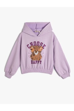 Koton Kız Çocuk Kapşonlu Sweatshirt Ayıcık Baskılı Beli ve Manşetleri Lastikli Uzun Kollu