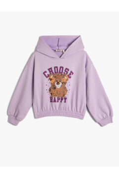 Koton Kız Çocuk Kapşonlu Sweatshirt Ayıcık Baskılı Beli ve Manşetleri Lastikli Uzun Kollu