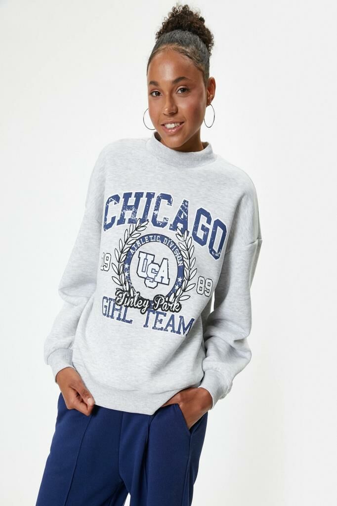 Koton Oversize Sweatshirt Kolej Baskılı Bisiklet Yaka Şardonlu