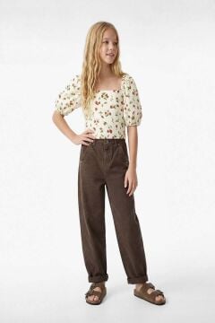 Koton Kız Çocuk Keten Viskon Karışımlı Gipeli Slim Fit Poplin Kare Yaka Crop Balon Kollu Çilek Desenli Bluz
