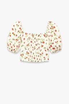 Koton Kız Çocuk Keten Viskon Karışımlı Gipeli Slim Fit Poplin Kare Yaka Crop Balon Kollu Çilek Desenli Bluz