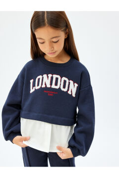 Koton Kız Çocuk Sweatshirt London Şehir Baskılı Bisiklet Yaka Gömlek Etek Ucu Detaylı Şardonlu