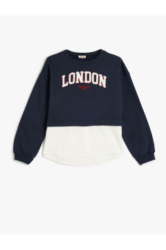 Koton Kız Çocuk Sweatshirt London Şehir Baskılı Bisiklet Yaka Gömlek Etek Ucu Detaylı Şardonlu
