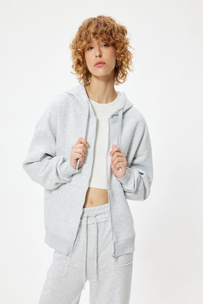 Koton Kapüşonlu Fermuarlı Oversize Sweatshirt Kanguru Cepli