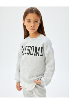 Koton Kız Çocuk Sweatshirt Baskılı Bisiklet Yaka Gömlek Etek Ucu Detaylı Şardonlu
