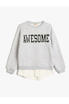 Koton Kız Çocuk Sweatshirt Baskılı Bisiklet Yaka Gömlek Etek Ucu Detaylı Şardonlu