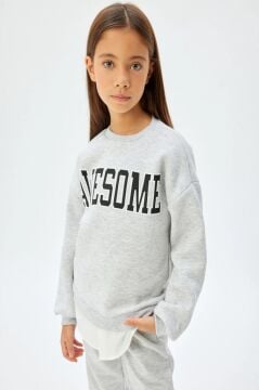 Koton Kız Çocuk Sweatshirt Baskılı Bisiklet Yaka Gömlek Etek Ucu Detaylı Şardonlu